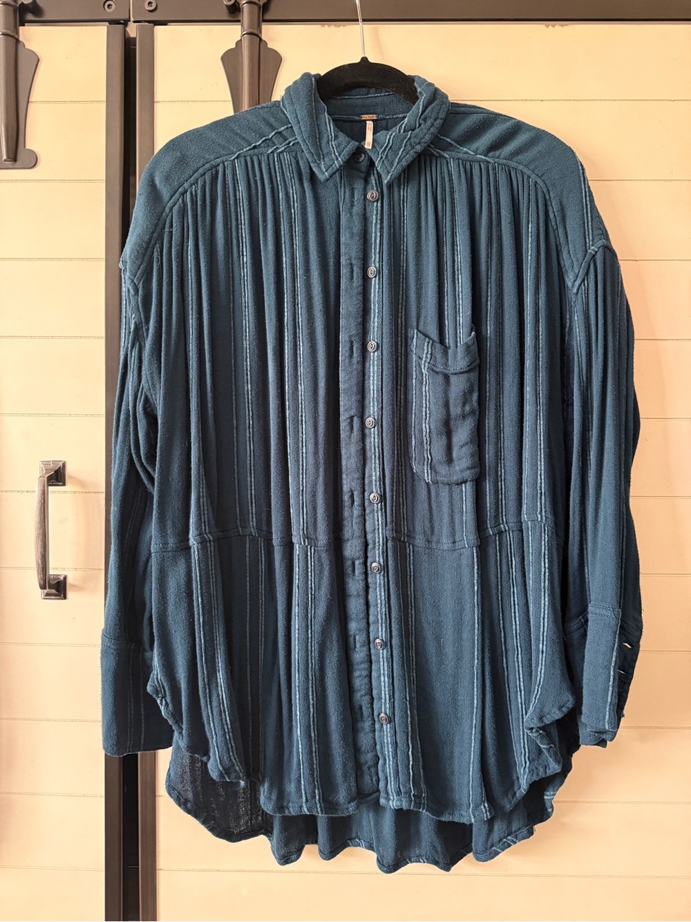 Free People Teal Button-Up with Subtle Stripping